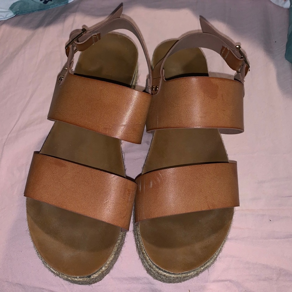 Brown and tan, strapped, wedge.